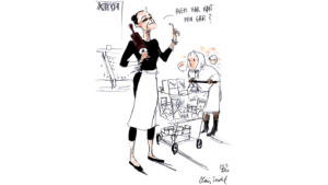 Tegning af Claus Seidel Lotte Heise køber gær